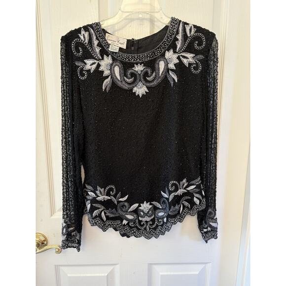Vintage Kazar Women’s Large Beaded, Sequined, Embroidered Long Sleeve Top, Zip - Picture 1 of 16